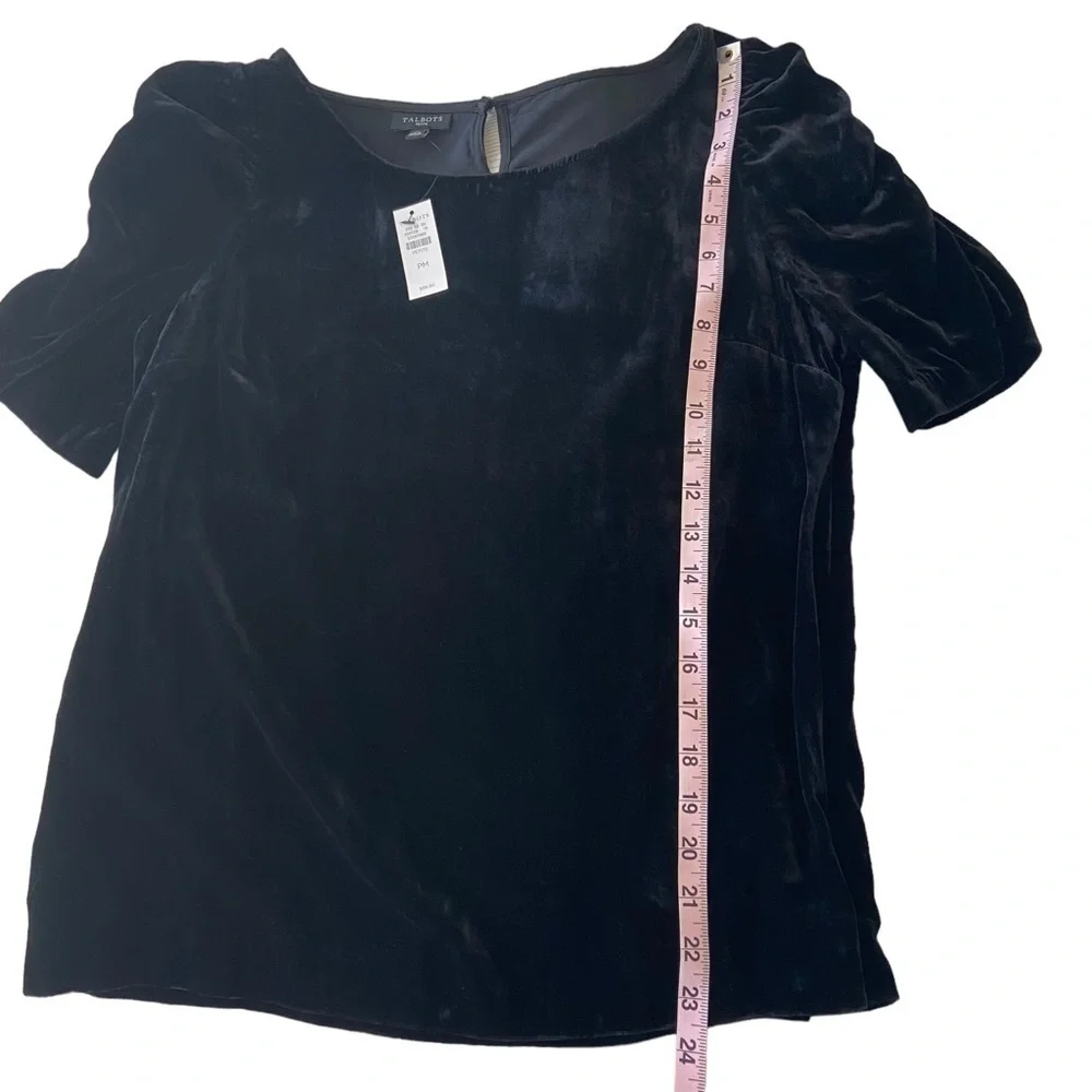 Talbots Women's Black Velour Blouse Top Ruched Short Sleeves Button Back PM NWT - Picture 12 of 14